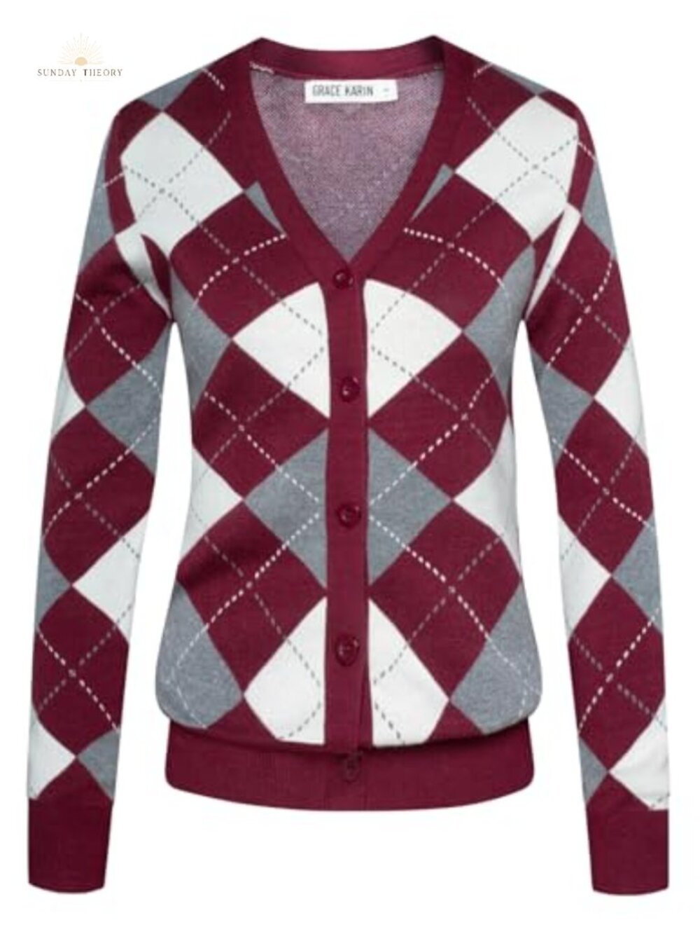 Argyle Cardigan Sweater Women Button Down V-Neck Knit Preppy Fall